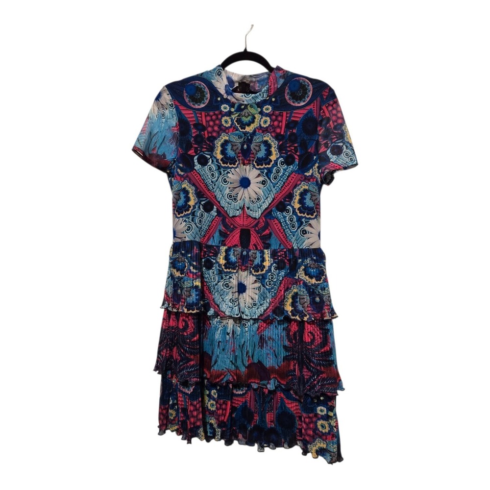 Desigual Floral Pleated Mesh Dress Womens XL Blue Pink Ruffles Tiered Artsy Boho